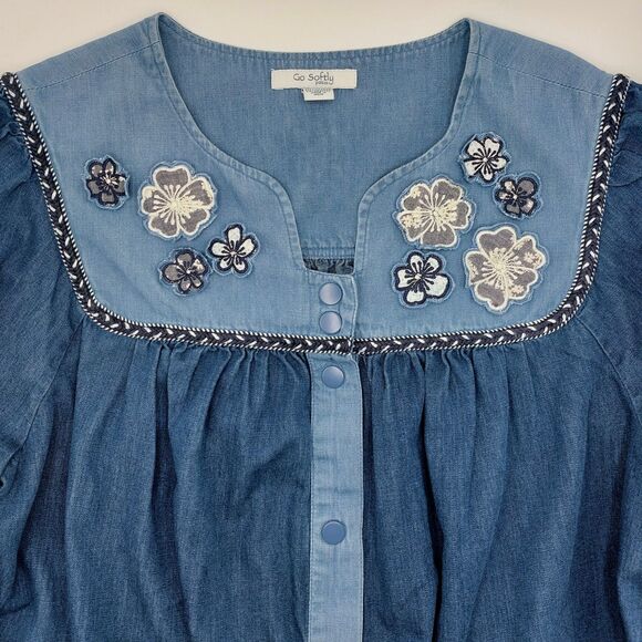 Go Softly Patio House Dress Women's Large Blue Applique MuuMuu Lounge Snap Front - Picture 1 of 6